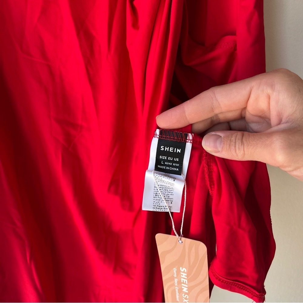 SHEIN SXY Red Knot Front Ruched Bodycon Mini Dress Women’s L NWT Party Cocktail - Picture 5 of 8